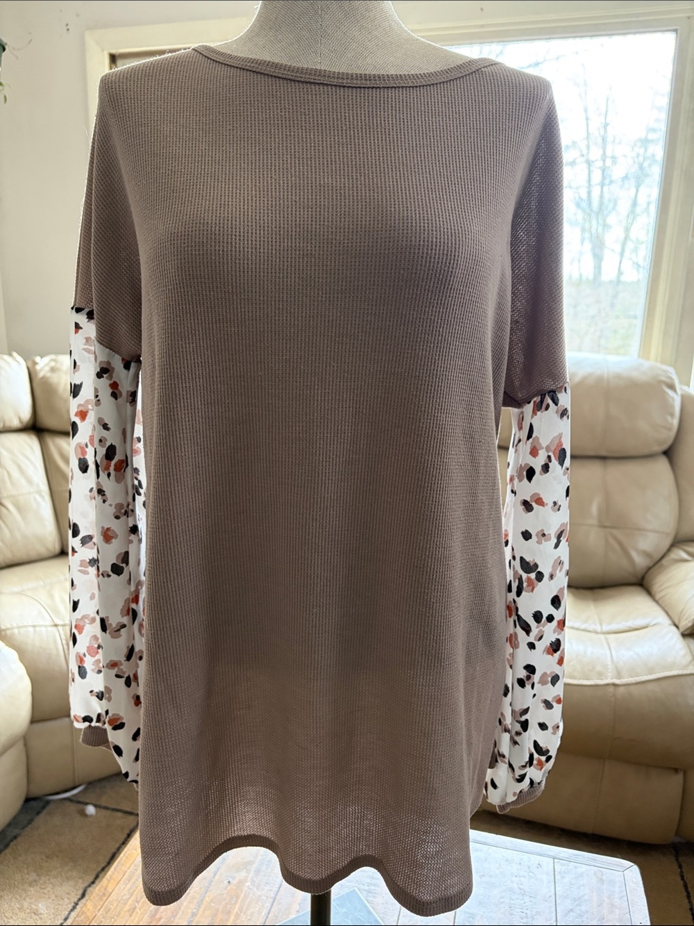 white birch Taupe Waffle Knit Tunic with Printed Long Sleeves